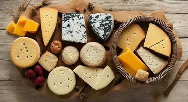 different types of cheese on a wooden board.ai generation photo