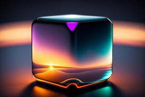 Ice cube with sunset reflection. photo