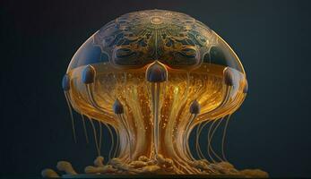 Unusual golden jellyfish with a mandala on her head and beautiful various details. ai generation photo