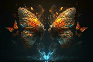 Different colorful butterflies with multicolored wings. Against the backdrop of a glowing splash of water. ai generation photo