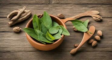 Bay leaf in a beautiful bowl. ai generation photo