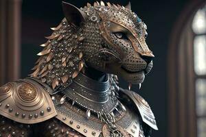 A fighting cheetah in a diamond helmet and beautiful armor stands and looks into the distance on a dark background with a window. ai generation photo