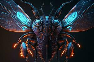 A beautiful neon beetle in blue and orange. ai generation photo