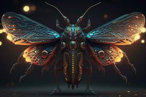 Unusual beetle with luminous wings. ai generation photo