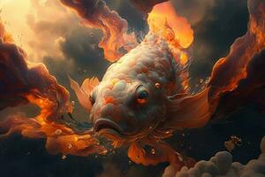 Incredible koi fish flying in fiery clouds. Colored carp in white scales floats in the air. ai generation photo