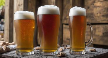 three glasses of beer. AI generation. photo