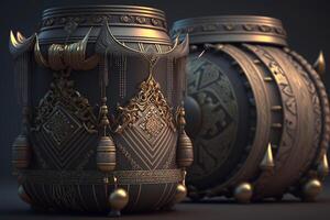 Huge black Chinese drums with small gold details are depicted against a dark background. ai generation photo