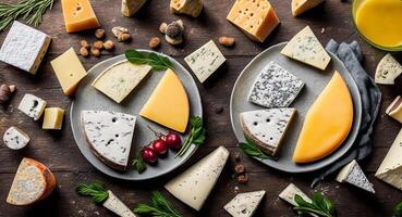 beautiful cuts of different types of cheese on a beautiful plate. . photo