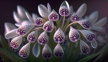 purple flowers in the form of dew drops with white dots on the background of wet green leaves. ai generation photo