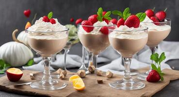 Cream mousse in glass cups. AI generation. photo