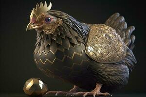 A black hen in gold and jeweled wings near a golden diamond egg. ai generation photo