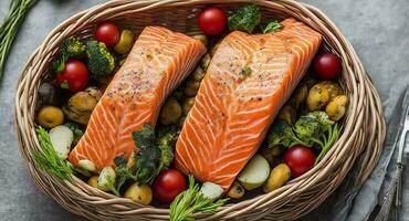 salmon in a beautiful basket. ai generation photo