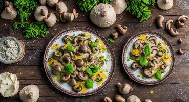 mushrooms in a creamy sauce on a beautiful plate. . photo