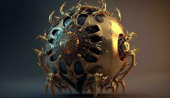 A golden virus under a microscope with many details and a unique shape highlighting the complexity of these tiny infectious bacteria. ai generation photo