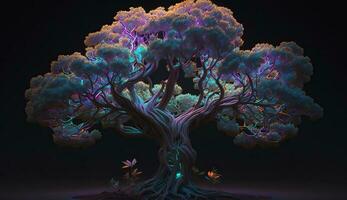 Bonsai with multi-colored neon illumination of branches and leaves with a unique shape that goes beyond the monitor. ai generation photo