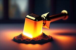 Golden luminous hammer in an unusual stand. photo