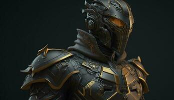 warrior in cyberpunk style in a black metal helmet in black metal armor with gold accents. ai generation photo