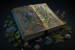 a bright black book with wild plants. ekibany around. World Book and Copyright Day. ai generation photo