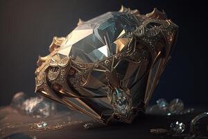 a diamond in gold armor with precious stones stands against a dark background under stage lighting. ai generation photo