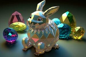 Easter Rare-colored Bunny in various gems with bright multi-colored crystal eggs around. ai generation photo