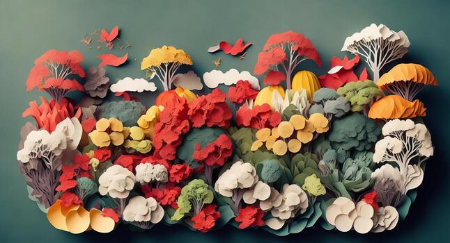 Paper collage of various trees of different colors. AI generation. photo