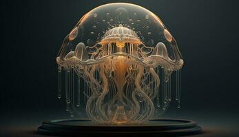 A crystal jellyfish of an unusual shape with many details stands on a stand. ai generation photo