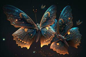 butterflies with rhinestones on the wings and backlighting from below on a dark photo