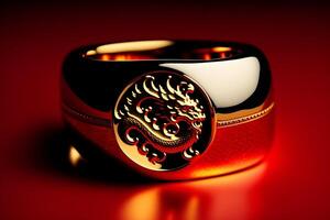 Black gold ring with dragon emblem. photo