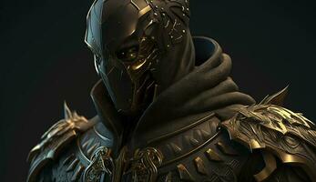 a warrior in black robes and metal armor with precious metal inserts, wearing a mask on his face, in a standing position against a black background. ai generation photo