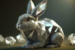 Diamond Easter Bunny in silver. Precious eggs in the background. ai generation photo