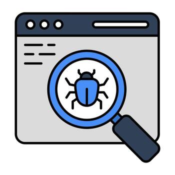 Virus under magnifying glass, debugging icon vector