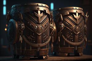Ancient drums are painted in dark color with bronze inserts and various small details. ai generation photo
