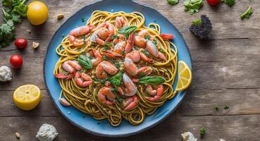 noodles with seafood on a beautiful plate. . photo