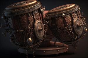 Unusual small African drums with beautiful small details carved from wood are depicted on a dark background. ai generation photo