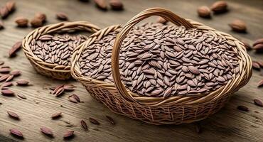 Flaxseed seed in a beautiful basket. ai generation. photo