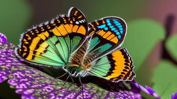 un mariposa con hermosa alas se sienta en un púrpura flor. ai generado foto