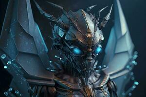 Alien mantis beetle in beautiful armor with glowing blue eyes. ai generation photo