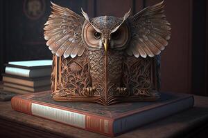 Ancient book about owls standing on the table with books about mysticism. World Book and Copyright Day. ai generation photo