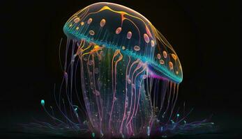 Rainbow glowing neon jellyfish in the depths of the ocean. ai generation photo