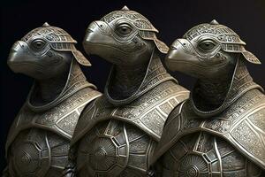 Three turtles in beautiful armor with gold accents look into the distance. ai generation photo