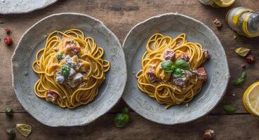 spaghetti with cheese on a beautiful plate. . photo