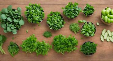 different types of microgreens lie in plates. ai generation photo