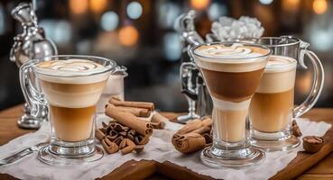 Latte in glass cups. AI generation. photo