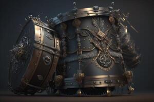 Ethnic drums are painted in black carbon with bronze frames and small precious stones. ai generation photo