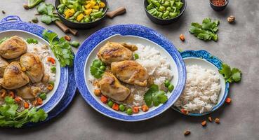 rice with chicken on a beautiful plate. . photo