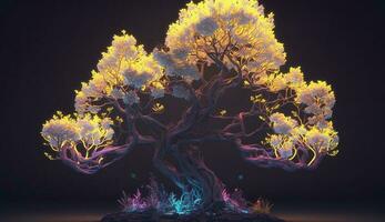 A bright neon Bonsai tree with brightly illuminated branches and a trunk with a unique shape that extends beyond the monitor. ai generation photo