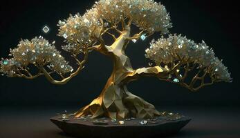 A golden bonsai with many details and a unique shape that transcends the monitor with diamond leaves. ai generation photo