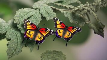 two butterflies with red wings fly over the leaves. photo