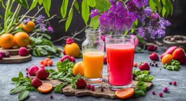 Fruit juice in glasses with a beautiful design. AI generation. photo