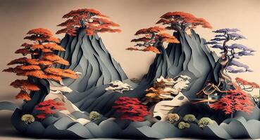 Paper collage with a village in the mountains and trees. AI generation. photo